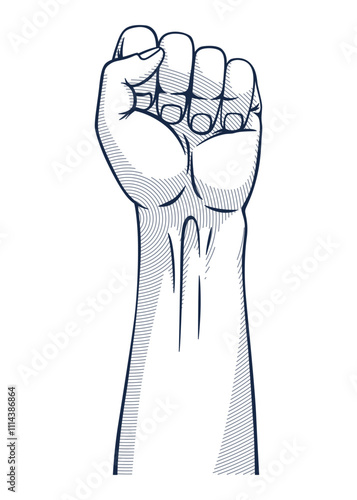 Rised fist hand gesture monochrome drawn emblem. Vector hand clenched into fist and rising up, symbol isolated on white background. Power sign. Human hand up in the air