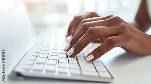 Close-up of hands typing on a white keyboard.