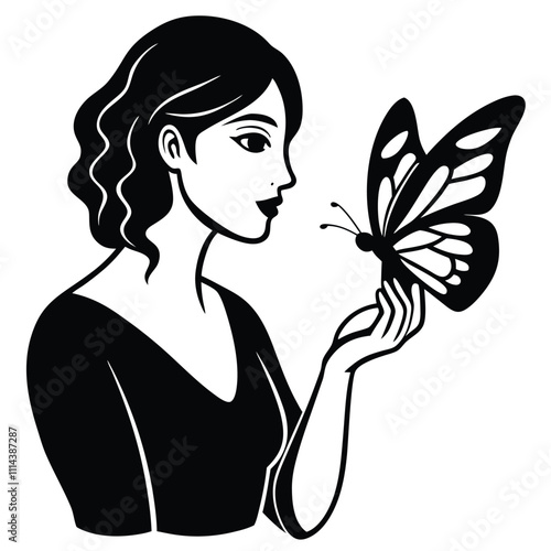 woman holds butterfly near face vector illustration.
