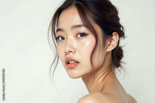 Portrait of a Young Asian Woman with Glowing Skin, Natural Makeup, and Elegant Updo Hairstyle, Looking Over Shoulder in Minimalist Studio Setting, Perfect for Skincare or Beauty Campaigns