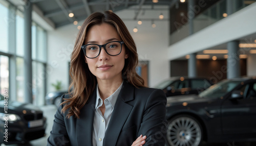 Confident young woman in glasses and a suit in a modern automotive office.Innovation and ambition: a dynamic presence in a contemporary workspace.A vision of progress and empowerment, symbolizing dete photo