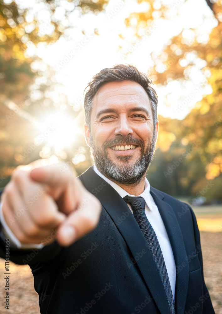 A man in a suit is pointing to the sky A man in a suit is pointing to the sky