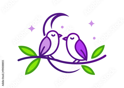 Valentine Lovebirds on a Moonlit Branch.