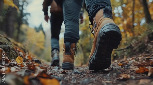 Close-up of hikers' boots on autumn trail.