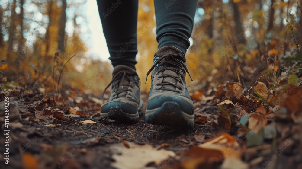Close-up of hiking boots on autumn trail. (1) Close-up of hiking boots on autumn trail. (1)