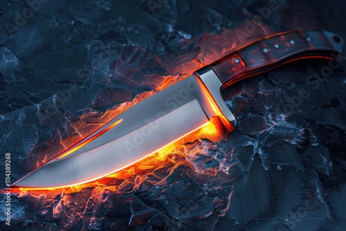 A knife with a radiant blade rests on a rocky surface, ideal for use in adventure or outdoor themes photo