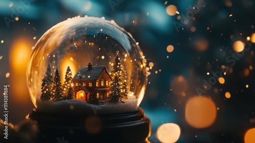 Enchanted Winter Wonderland: A snow globe capturing the magic of a cozy cabin nestled among snow-covered trees, illuminated by warm, inviting lights, creating a festive and serene atmosphere.