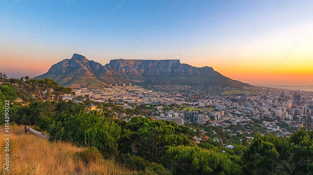 Fototapeta premium Panoramic sunset view of Table Mountain and Cape Town city.