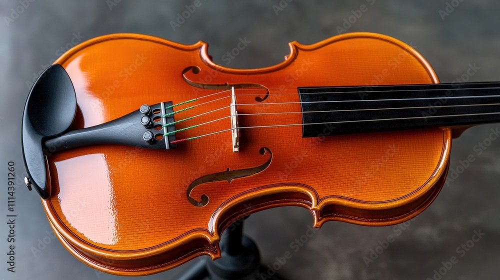 A beautifully crafted violin with a polished finish, showcasing its elegant curves and strings against a neutral background. A beautifully crafted violin with a polished finish, showcasing its elegant curves and strings against a neutral background.