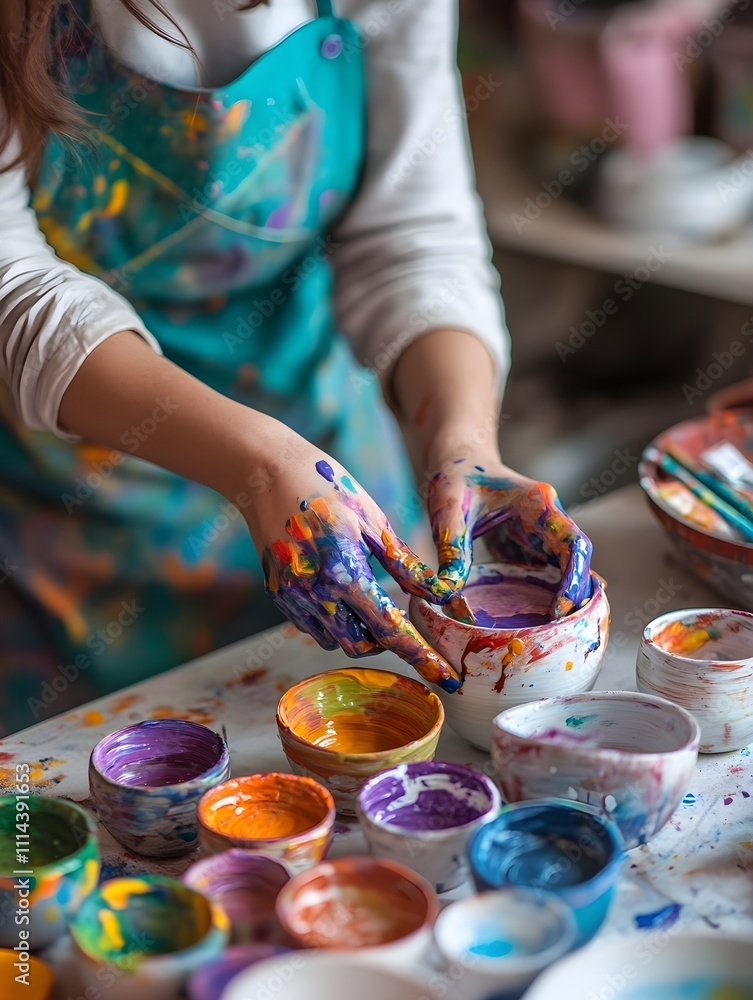 Obraz premium Photo of a person painting pottery in a ceramics class, with vibrant colors on their hands and apron.