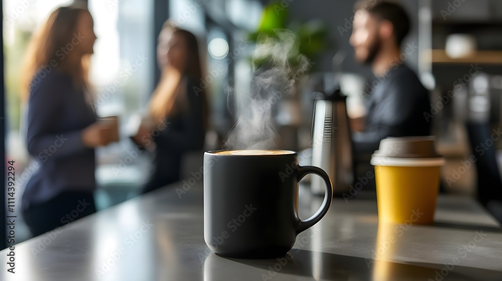 A person leaning on a counter in a break room, holding a steaming mug of coffee, with colleagues chatting in the background.