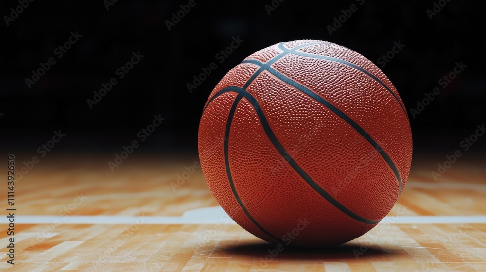 Obraz premium A close-up of a basketball on a wooden court, illuminated with dramatic lighting, creating a focused and dynamic atmosphere.