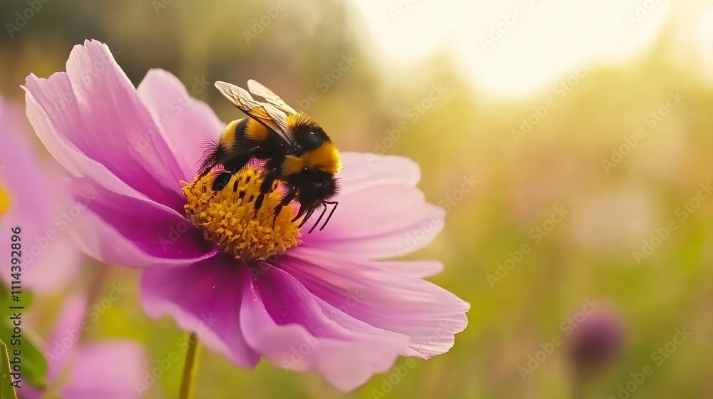 Bee Pollinating Pink Flower in Sunny Garden Bee Pollinating Pink Flower in Sunny Garden