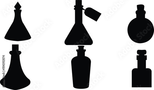 Set of potion bottle holding medicinal and medical liquid,Bottle and jug silhouette collection, Oil, potion, alcohol, perfume black bottle silhouette, Set of black jug silhouette