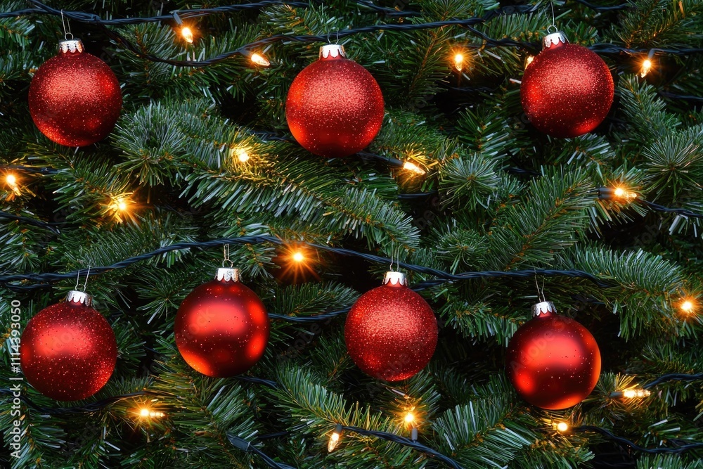 A detailed view of a decorated Christmas tree with bright red ornaments A detailed view of a decorated Christmas tree with bright red ornaments
