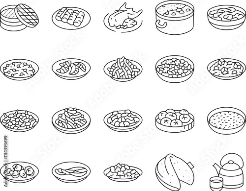 chinese cuisine food dish asian icons set vector. dinner table, meal restaurant, china, lunar bowl, chicken, rice, pork, traditional chinese cuisine food dish asian black contour illustrations