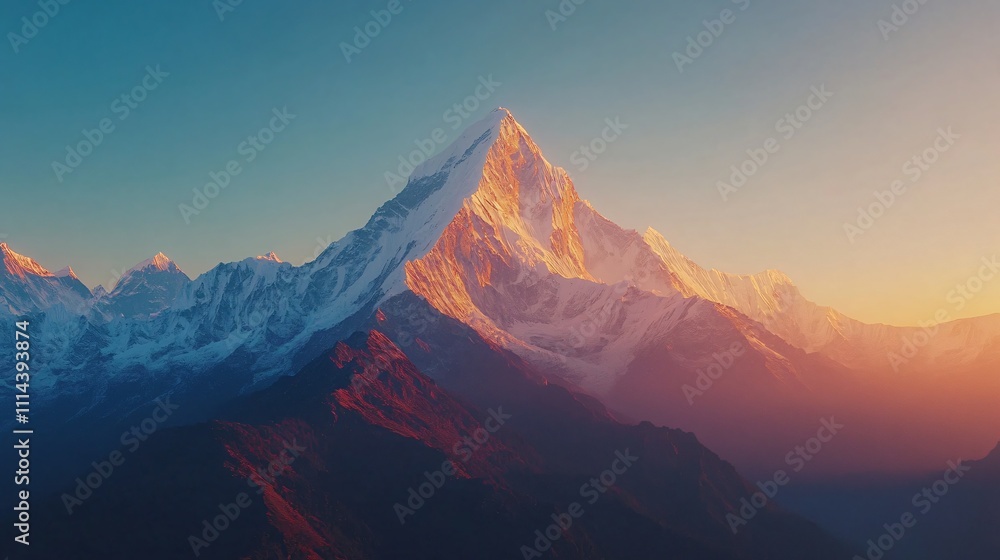 Fototapeta premium The majestic Meili Snow Mountain bathed in the golden light of sunrise, showcasing the breathtaking beauty of nature's peaks and the first rays of dawn illuminating the snow-capped mountains.