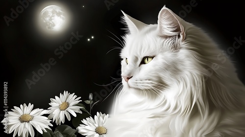 White Cat Gazing at the Moon Under a Night Sky photo