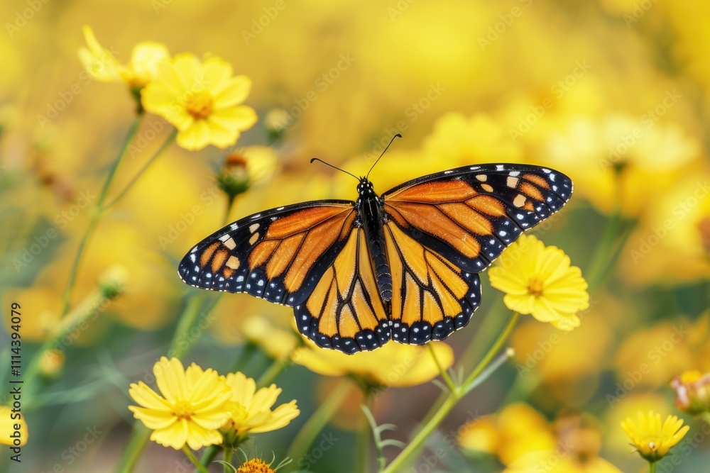 Naklejka premium A monarch butterfly perched on a bright yellow flower, perfect for nature and wildlife-themed projects