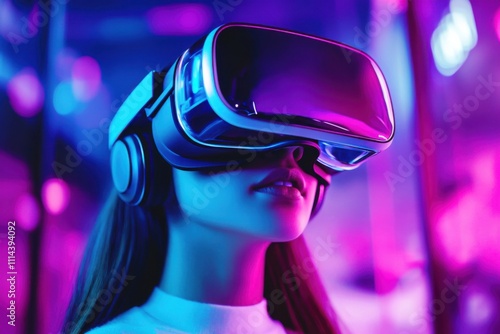 Immersive Virtual Reality Experience: A Woman Exploring Cyberspace with Neon Lights