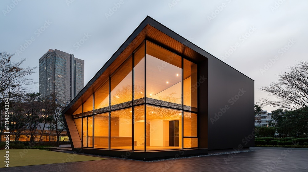 A modern architectural structure featuring sharp angles, large glass windows, and warm interior lighting, set against an urban backdrop during twilight. A modern architectural structure featuring sharp angles, large glass windows, and warm interior lighting, set against an urban backdrop during twilight.