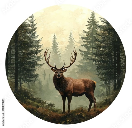 A logo that is circular and shows an elk in a forest setting
