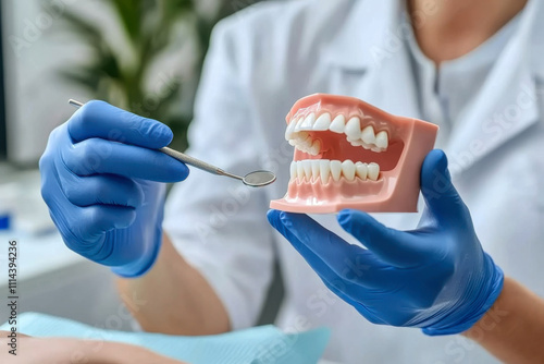 Dentist holding educational model of oral cavity at table in clinic, closeup photo