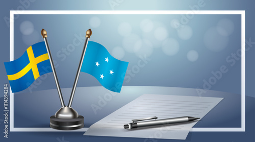 Sweden and  Micronesia Small national flag on bokeh background, cooperative relationship