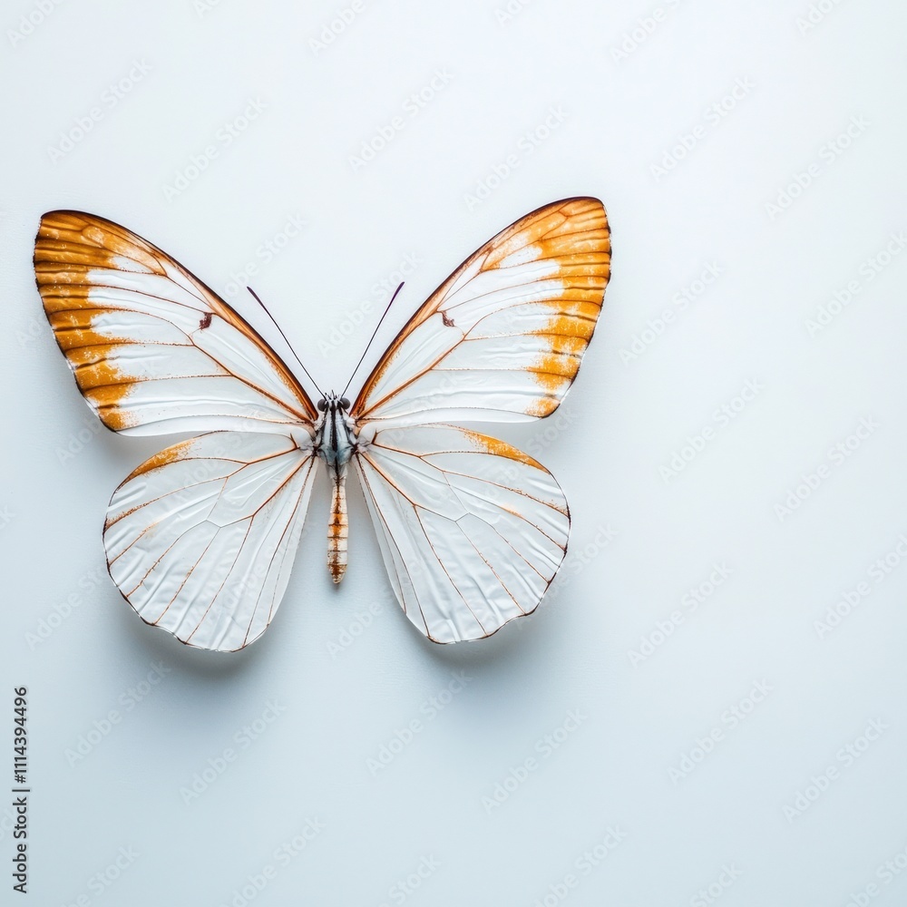 A white and orange butterfly is on a white background A white and orange butterfly is on a white background