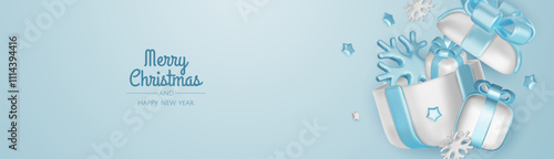 Happy New Year and Merry Christmas. Christmas holiday background with realistic 3d objects, bauble balls, conical metal stars. Levitation falling design composition.