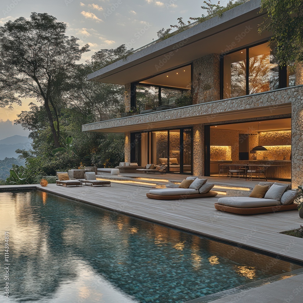 Fototapeta premium Modern villa with a pool and scenic views at sunset.