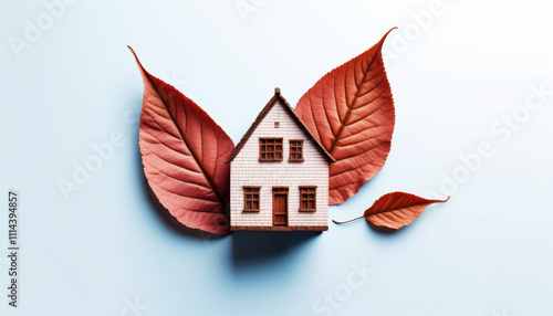 The house is styled as a wooden structure made in 3D modeling style. Autumn leaves are located around the house photo