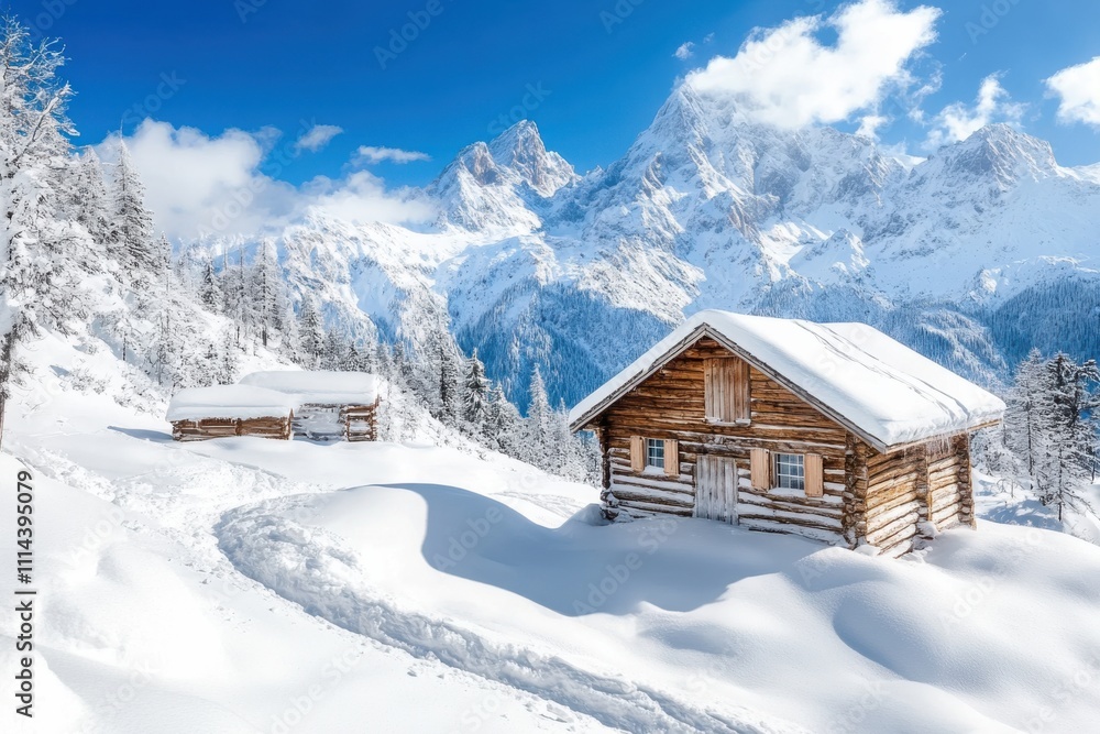 Charming wooden cabins nestled in a snowy landscape under a bright winter sky Charming wooden cabins nestled in a snowy landscape under a bright winter sky