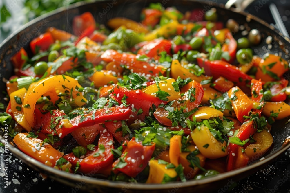A frying pan filled with various vegetables ready for cooking A frying pan filled with various vegetables ready for cooking