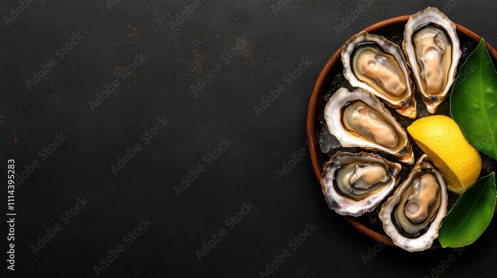 A beautifully arranged plate of fresh oysters on ice, complemented by a slice of lemon and green leaves, perfect for culinary themes, seafood menus, or gourmet dining promotions, A beautifully arranged plate of fresh oysters on ice, complemented by a slice of lemon and green leaves, perfect for culinary themes, seafood menus, or gourmet dining promotions,