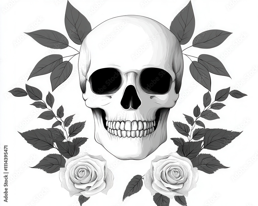 Fototapeta premium Halfsleeve tattoo of a skull surrounded by roses and leaves