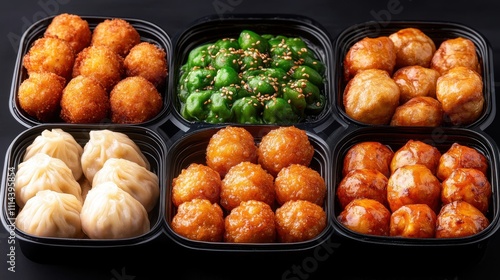 Assorted dim sum and fried delicacies are presented in black containers, showcasing vibrant colors and textures, Ideal for food blogs, restaurant menus, or culinary promotions, photo