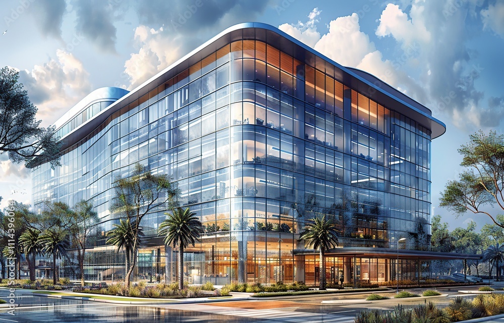 Fototapeta premium watercolor illustration of an office building, concept image of an architectural sketch of an office or company building