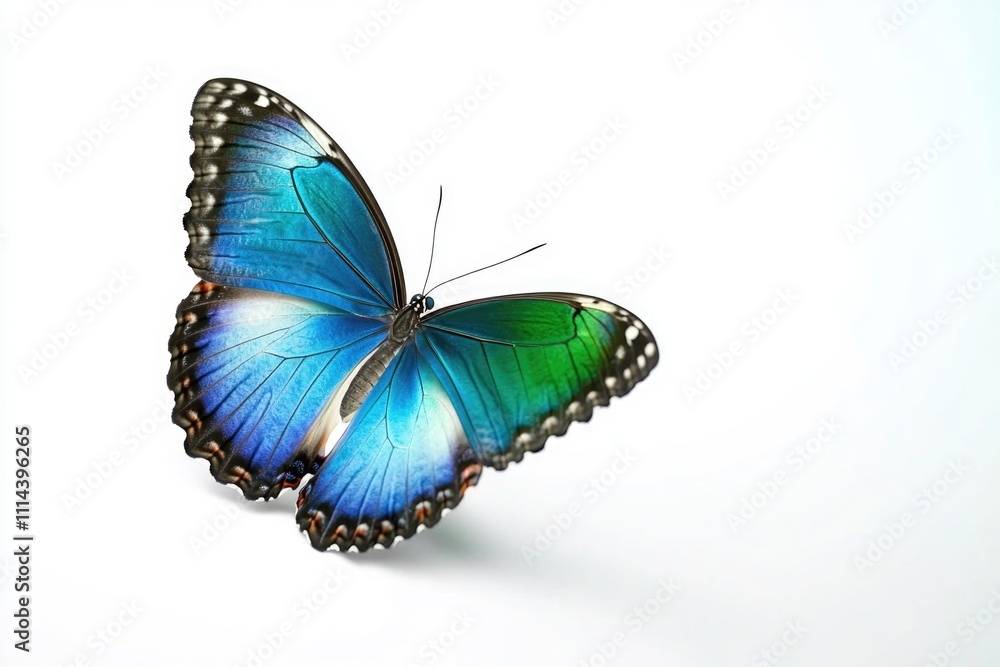 Fototapeta premium A blue and green butterfly perched on a white surface, ready for capture