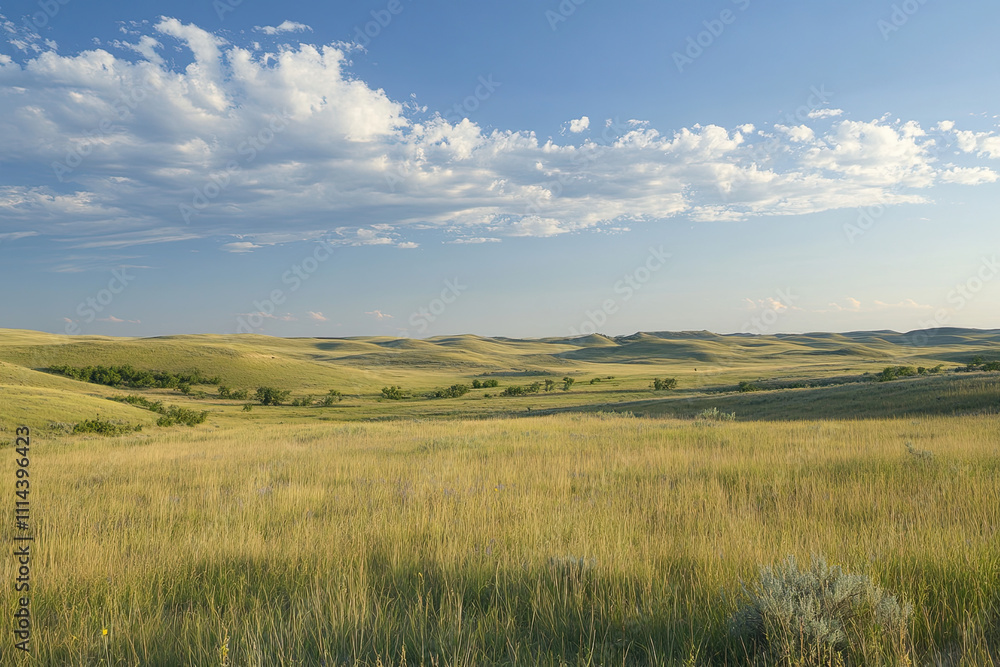 Prairie landscape with tall grasses swaying in the wind under a vast sky Prairie landscape with tall grasses swaying in the wind under a vast sky