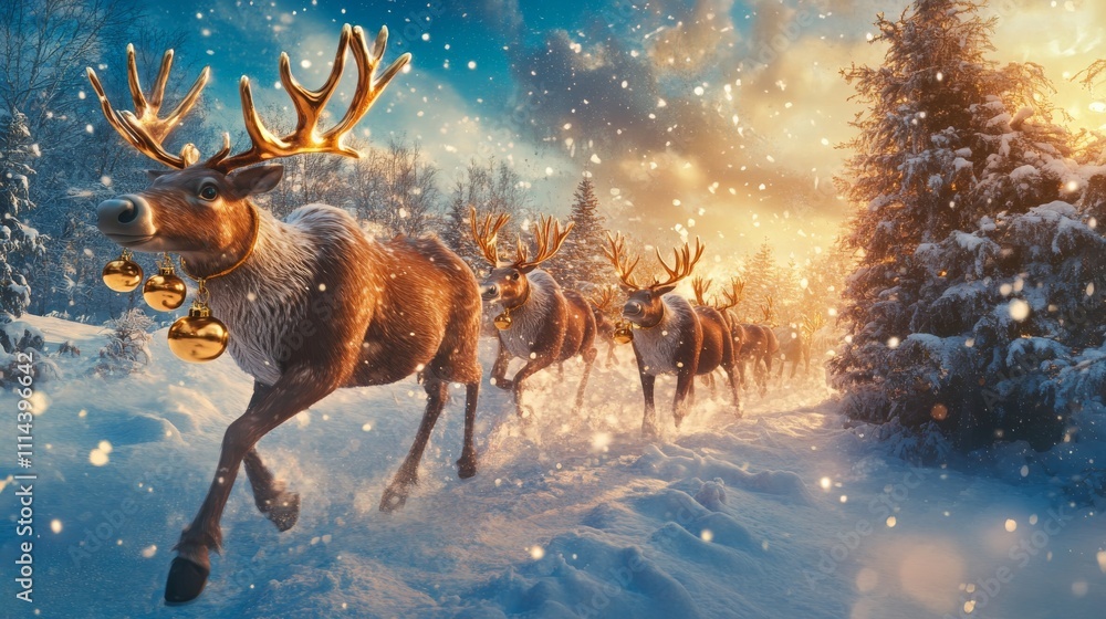 A majestic scene of reindeer trotting through a snowy landscape, illuminated by a beautiful sunrise amidst falling snowflakes.
