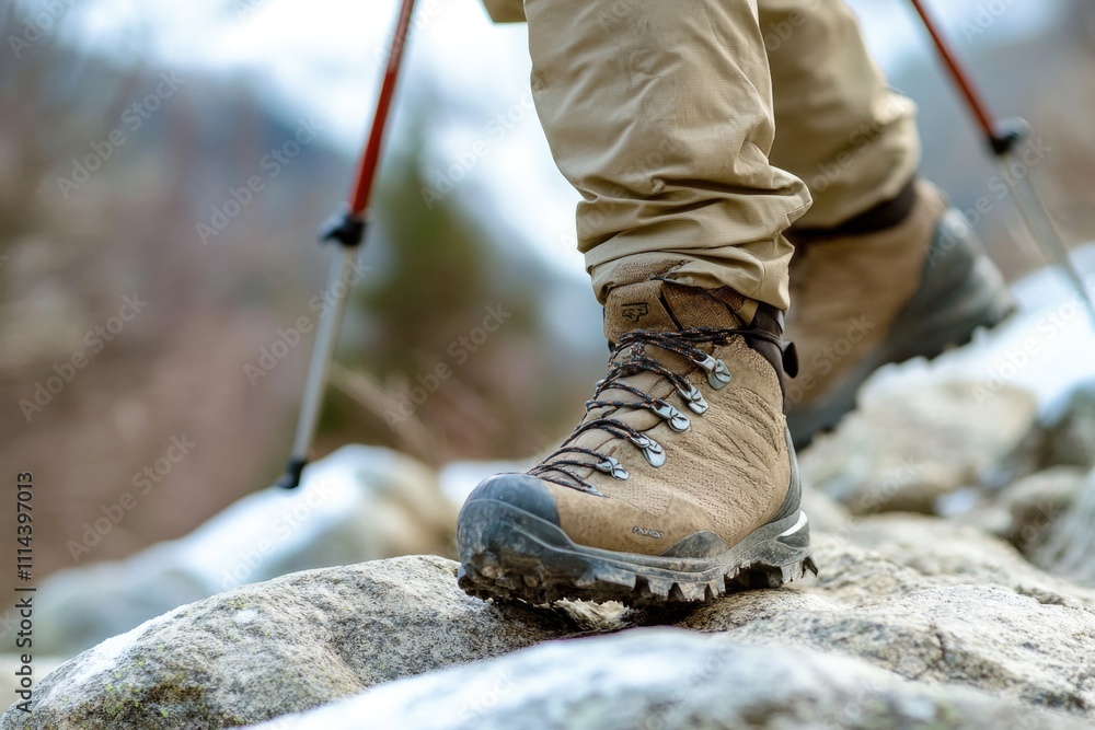 A pair of hiking shoes sitting on a rocky surface A pair of hiking shoes sitting on a rocky surface