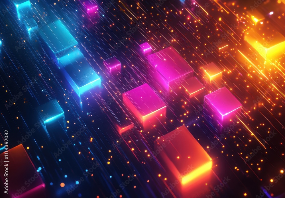 Colorful Neon Light Blocks on a Futuristic Digital Background with Dynamic Motion Effects and Sparkling Particles Representing Energy and Technology Concepts Colorful Neon Light Blocks on a Futuristic Digital Background with Dynamic Motion Effects and Sparkling Particles Representing Energy and Technology Concepts
