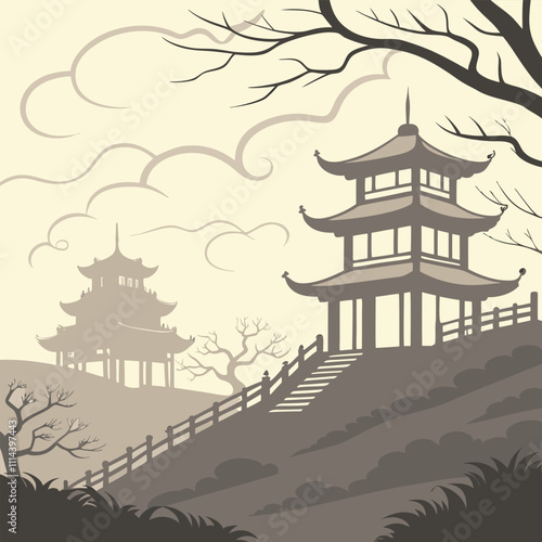 Wallpaper Mural vector illustration of japanese garden with pagoda Torontodigital.ca