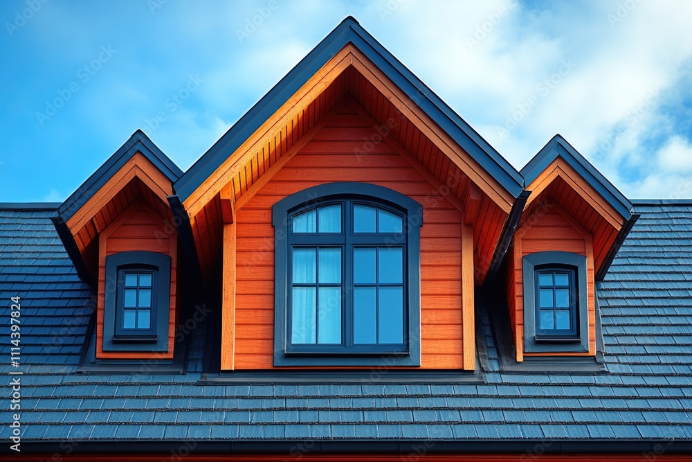 A simple roof with three windows against a clear blue sky A simple roof with three windows against a clear blue sky