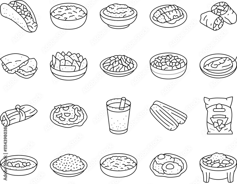 mexican cuisine food dinner icons set vector. taco mexico, table restaurant, dish tortilla, party view, gourmet salad, hot kitchen mexican cuisine food dinner black contour illustrations mexican cuisine food dinner icons set vector. taco mexico, table restaurant, dish tortilla, party view, gourmet salad, hot kitchen mexican cuisine food dinner black contour illustrations