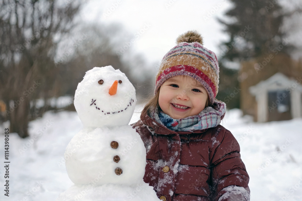 Joyful girl builds snowman in winter landscape with trees and a smile Joyful girl builds snowman in winter landscape with trees and a smile