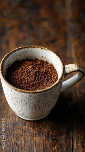 Wallpaper Mural Freshly ground coffee in a rustic cup placed on a wooden table, highlighting the rich texture and aroma of the coffee grounds Torontodigital.ca
