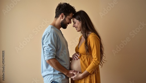 Couple expecting a baby with joyful expressions touching the mother's belly against a neutral background photo