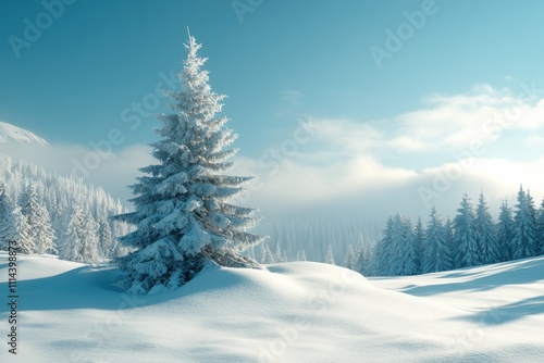 Snow-covered landscape featuring a frosty evergreen tree in a serene winter setting